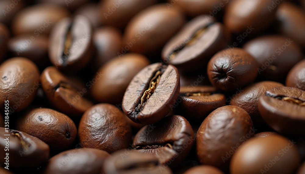 Rich coffee beans with glossy surface, showcasing their deep brown color and unique textures, evoke sense of warmth and comfort Rich coffee beans with glossy surface, showcasing their deep brown color and unique textures, evoke sense of warmth and comfort