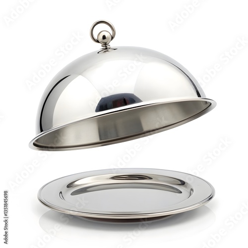 The image shows a shiny silver cloche being lifted off a matching silver platter, revealing an empty surface, set against a white background.