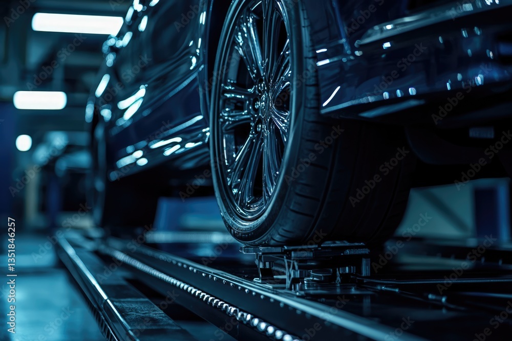Fototapeta premium Close-up of a dark blue car's wheel on a vehicle alignment machine.