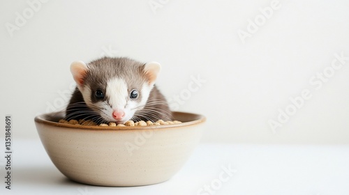 A cute ferret sits inside a bowl, surrounded by food pellets on a clean white surface
