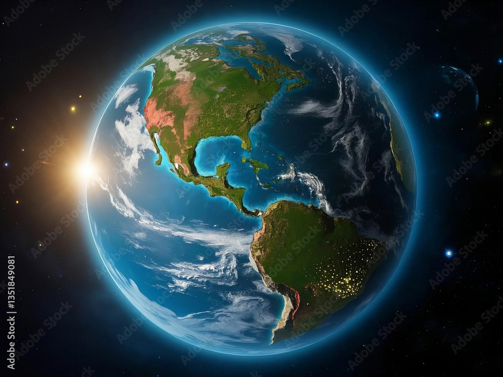 Fototapeta premium Beautiful earth planet scene. Space Zoom spinning view, Concept of climate change, day and night, cities lights, sunrise. World planet satellite,Stars, nebula and galaxy black background