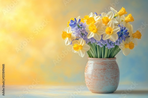 Wallpaper Mural A vibrant bouquet of yellow daffodils and blue hyacinths in a rustic vase, bathed in warm sunlight. Torontodigital.ca