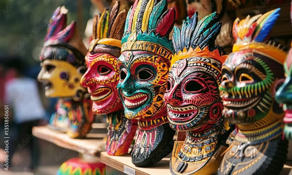 Colorful masks with feathers displayed on a shelf in close up view