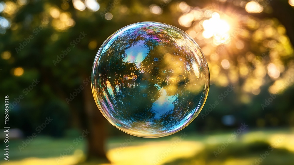 A captivating soap bubble in a sunlit park, a sphere of vibrant colours and reflections A captivating soap bubble in a sunlit park, a sphere of vibrant colours and reflections