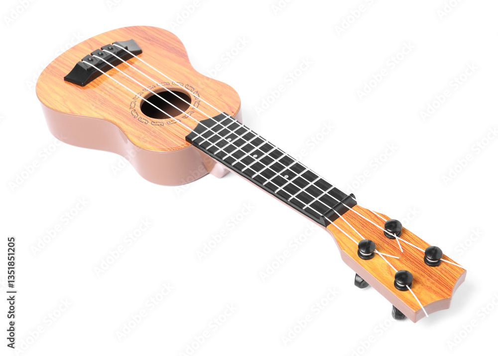 Fototapeta premium Wooden toy guitar isolated on white. Child's musical instrument
