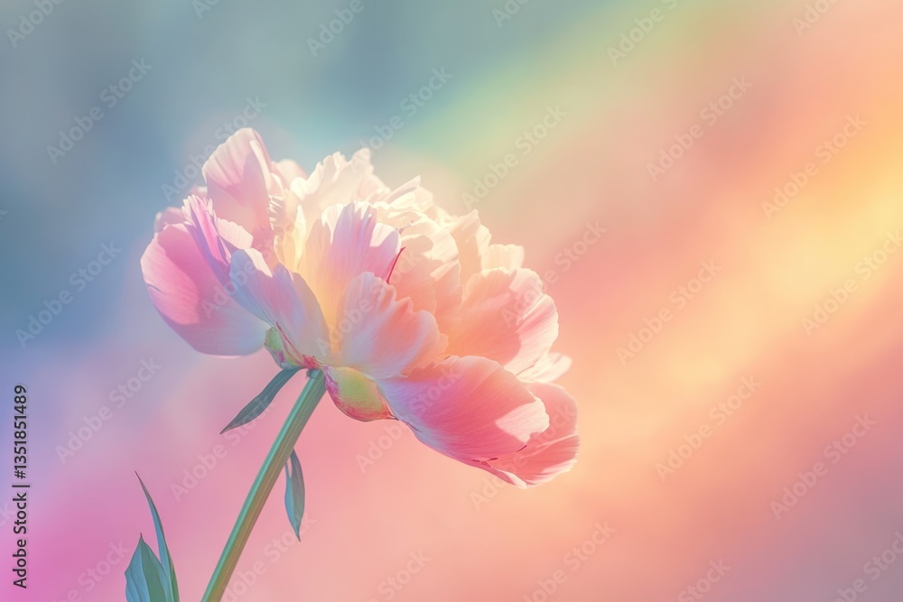Obraz premium A delicate pink peony blossom bathed in soft, pastel sunlight, a serene and beautiful image.