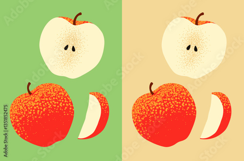 Hand-drawn vector illustration of red apple whole, half, and wedge