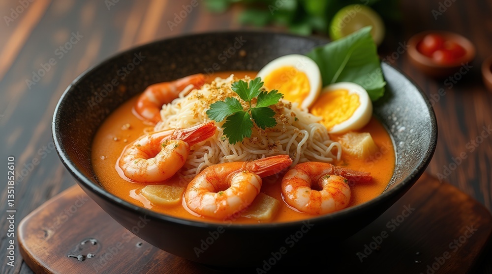 Delicious bowl of laksa in Singapore garnished with shrimp, boiled eggs, and fresh herbs Delicious bowl of laksa in Singapore garnished with shrimp, boiled eggs, and fresh herbs