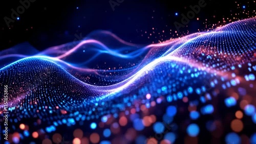 Wallpaper Mural Abstract waves of light particles and flowing binary code ripple through a dark space visualizing futuristic quantum computing high-resolution abstract animation 4k video Torontodigital.ca