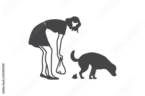 Minimalist black-and-white illustration of a woman cleaning after her dog