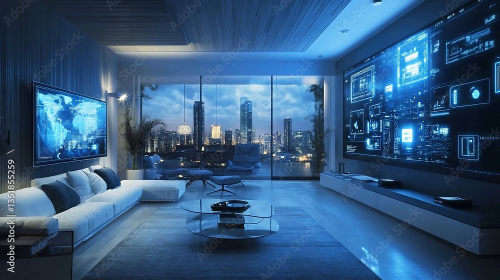 Modern living room with large screens showing digital interface and city skyline view at night Modern living room with large screens showing digital interface and city skyline view at night