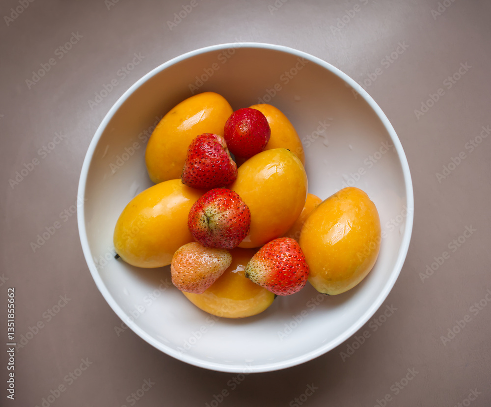 Marian Plum and Strawberry in White Bowl, Background