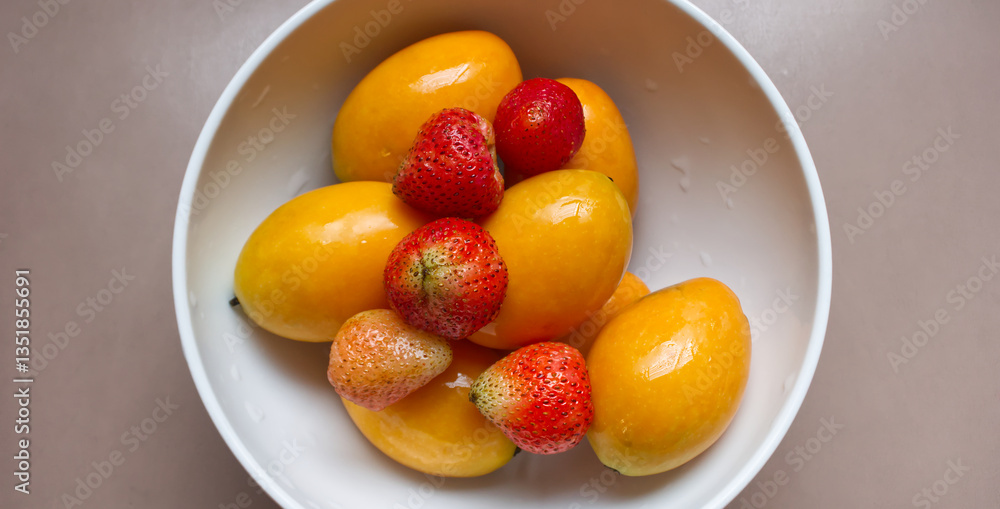 Marian Plum and Strawberry in White Bowl, Background