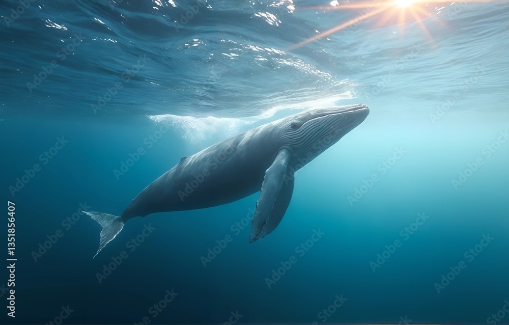 Fototapeta premium Whale Gliding Through Ocean with Sunlight Filtering Down – Majestic Marine Life