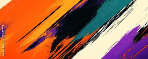 A powerful abstract background with vibrant orange, purple, and black diagonal brush strokes, set against a soft cream-colored edge