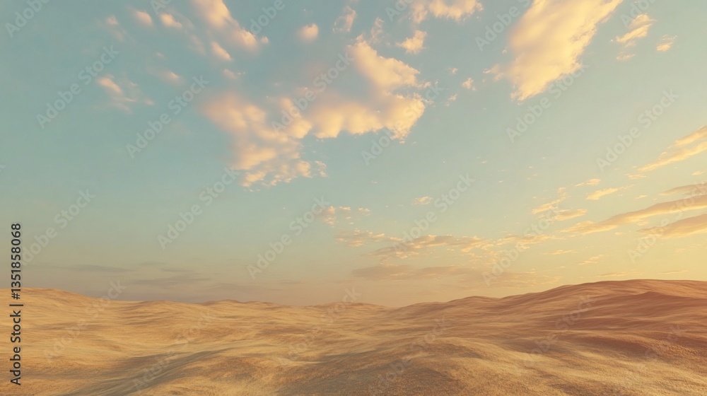 A serene desert landscape under a clear sky with soft clouds and warm sunlight A serene desert landscape under a clear sky with soft clouds and warm sunlight