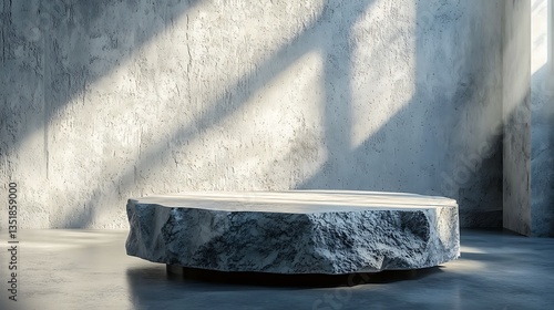 Sunlit stone pedestal on concrete floor.