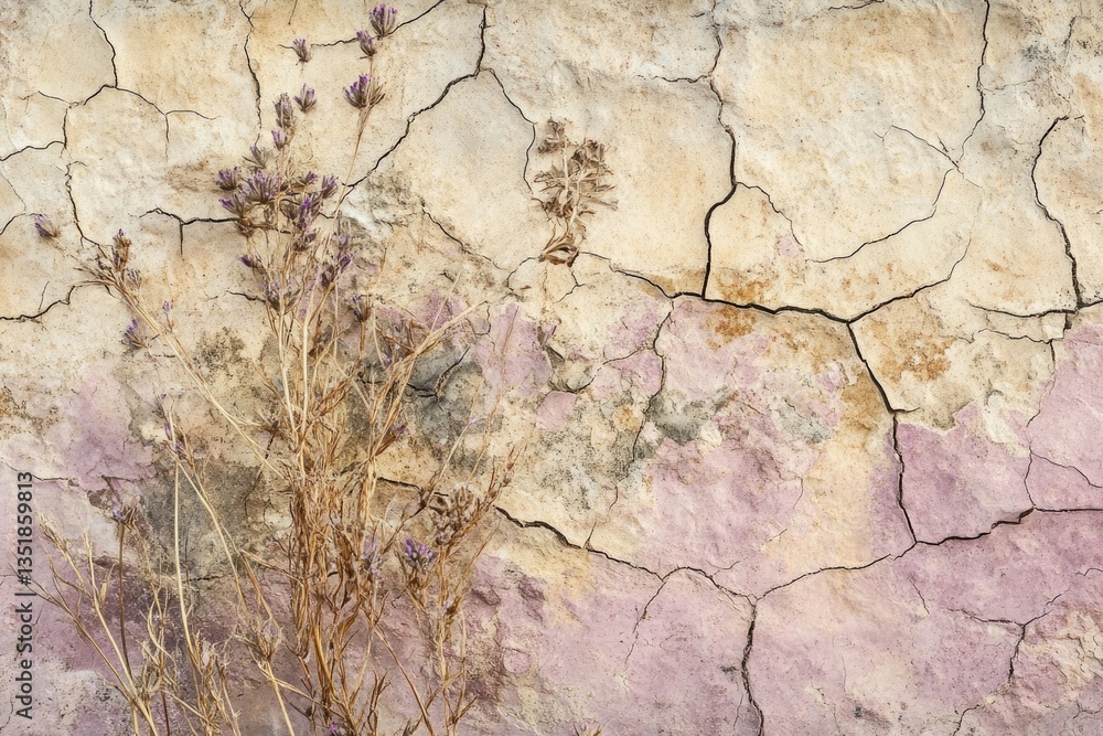 Fototapeta premium Dried wildflowers clinging to a cracked, pastel-hued wall, evoking a sense of age and resilience.