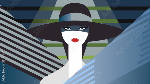 Stylish Woman in Profile with Striped Hat Against Vibrant Background