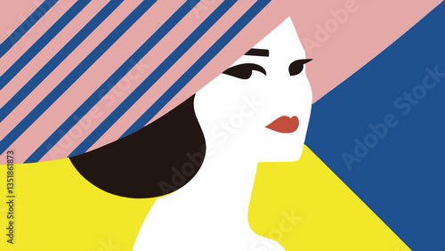 Stylish Woman in Profile with Striped Hat Against Vibrant Background