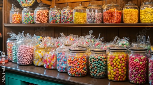 Colorful candy displaying in glass jars at general store celebrating national candy month