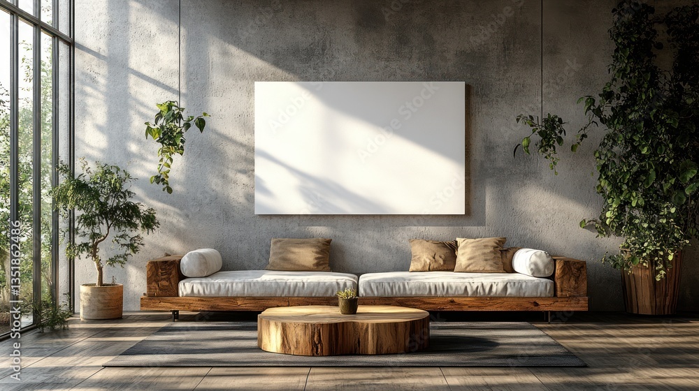 Serene Minimalist Living Room with Large Canvas Mockup Serene Minimalist Living Room with Large Canvas Mockup