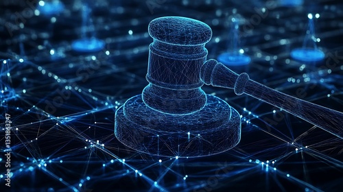 A digital representation of a gavel, symbolizing justice and law, surrounded by a network of interconnected nodes and lines.