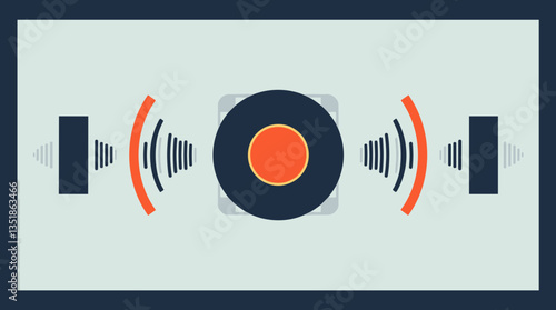 Stylish vintage turntable with audio waves and speakers in a flat design