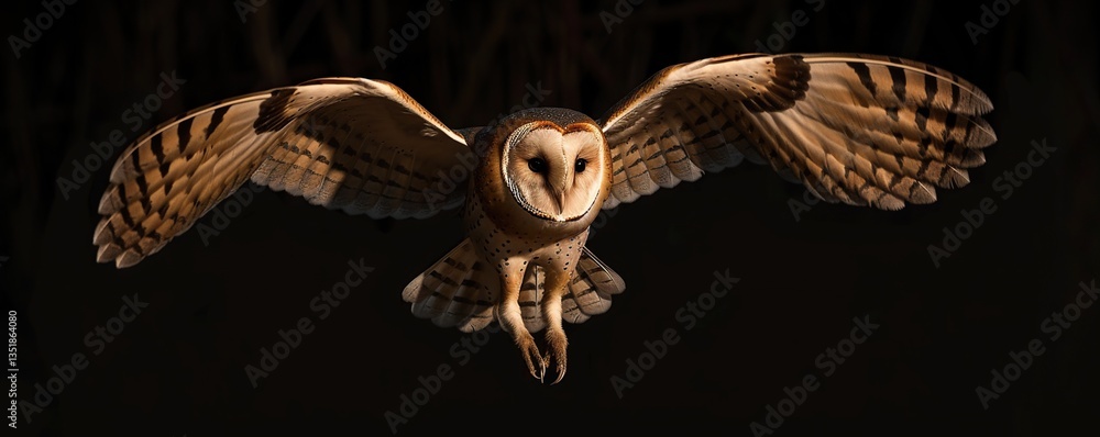 Fototapeta premium Barn owl soars gracefully in twilight, showcasing remarkable beauty wings spread
