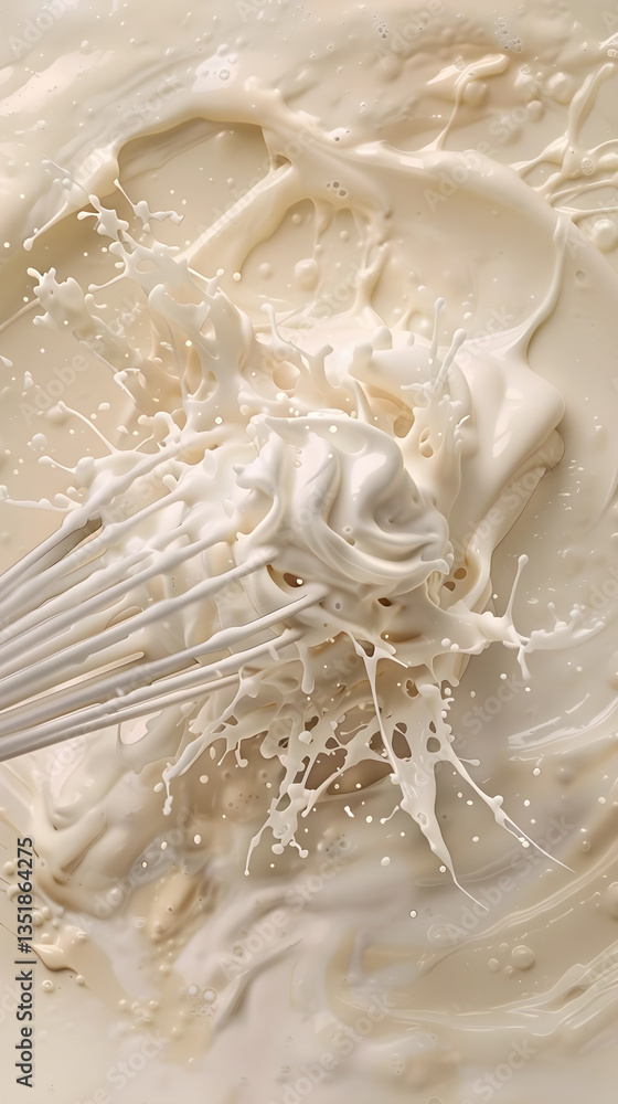 Overhead View of Creamy Mixture Being Whipped into Light, Airy Peaks in a Bowl Overhead View of Creamy Mixture Being Whipped into Light, Airy Peaks in a Bowl