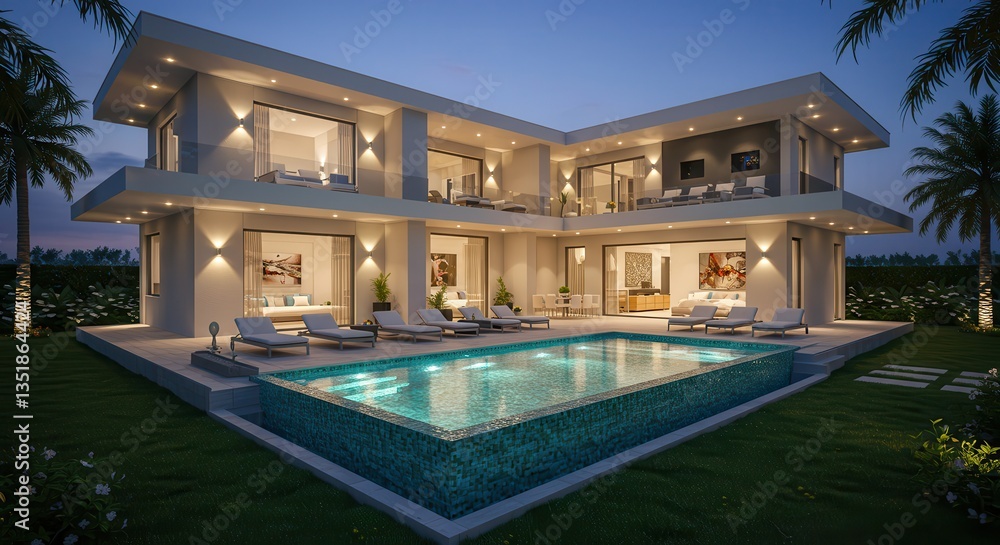 Obraz premium Modern Home with Swimming Pool at Dusk Provides Tranquil Scene