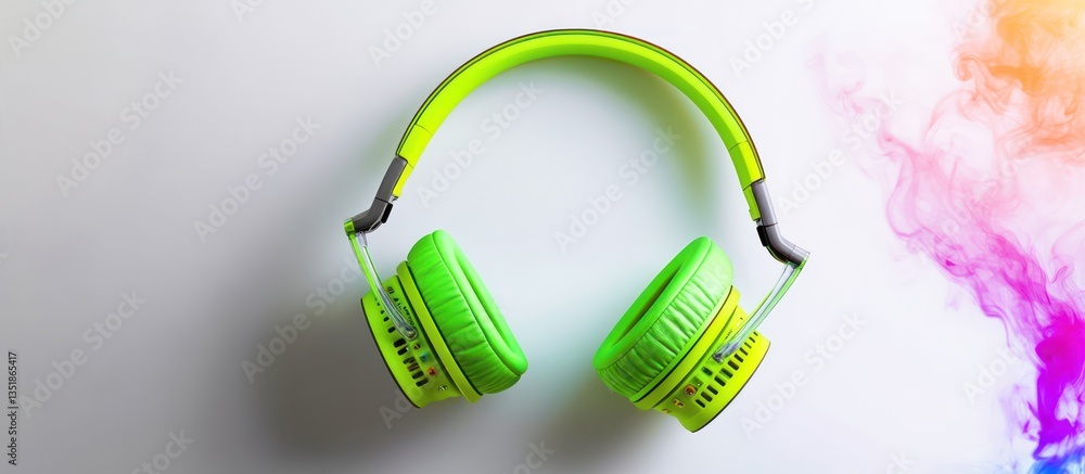 A set of neon green headphones with glowing, colorful smoke swirling around them, set against a clean white background