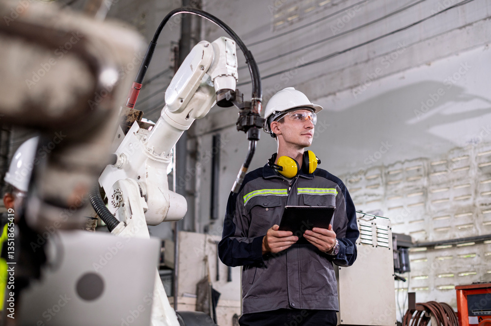 Robotics control engineers setting and maintain spare parts of industrial robot arm controller in production plant factory