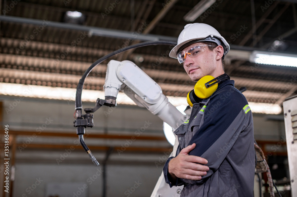 Robotics control engineers setting and maintain spare parts of industrial robot arm controller in production plant factory