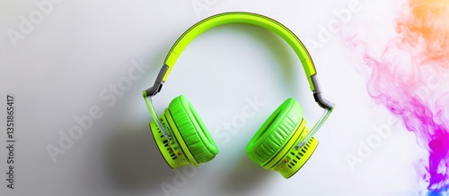 Obraz na płótnie A set of neon green headphones with glowing, colorful smoke swirling around them, set against a clean white background w salonie