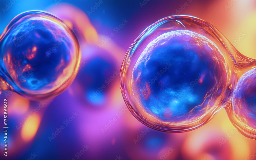 Cell Division: Microscopic View of Cells Dividing with Vibrant Colors and Detail Cell Division: Microscopic View of Cells Dividing with Vibrant Colors and Detail