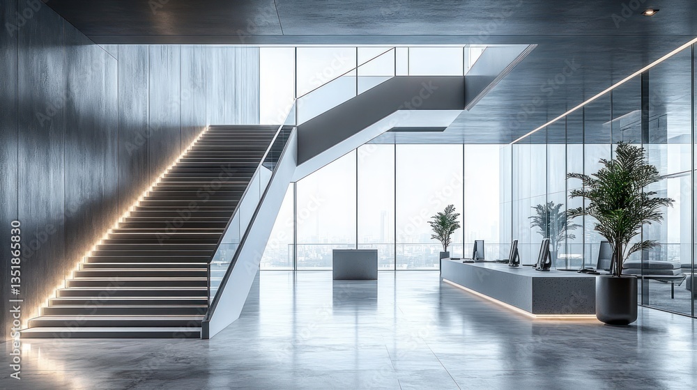 Obraz premium Minimalist Modern Office Interior with Glass Staircase and Polished Concrete Flooring