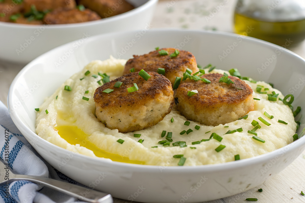 Crispy Salmon Patties on Creamy Mashed Potatoes Crispy Salmon Patties on Creamy Mashed Potatoes