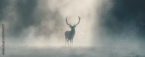 Majestic stag silhouetted in ethereal fog, a moment of serenity