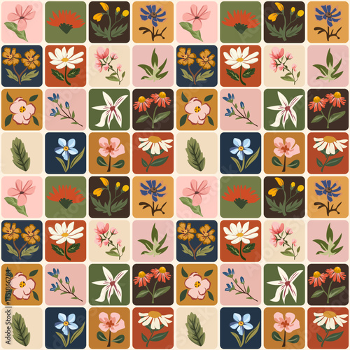 Colorful Seamless Pattern With Floral And Botanical Elements In Squares