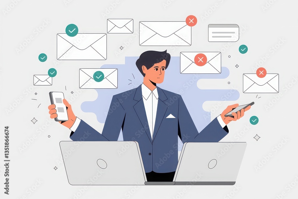 Businessman using smartphone with electronic email hacking and spam warning symbol. Businessman using smartphone with electronic email hacking and spam warning symbol.