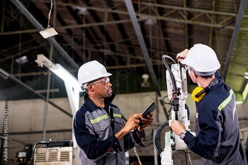 Robotics control engineers setting and maintain spare parts of industrial robot arm controller in production plant factory