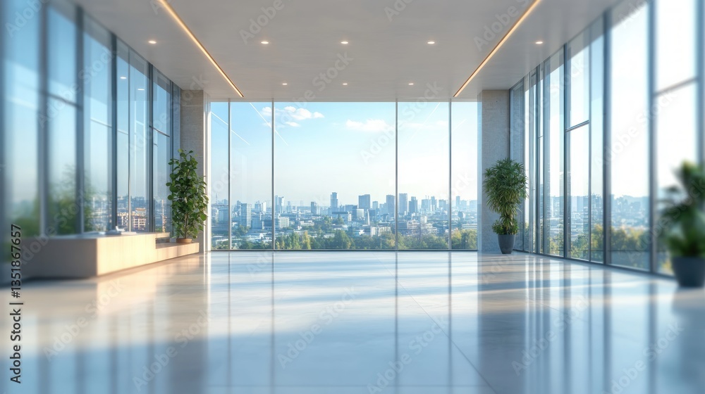 Fototapeta premium modern minimalist office lobby with glass windows bright airy atmosphere polished floors