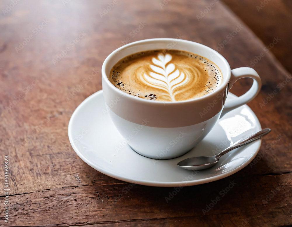Freshly Brewed Latte with Art on Wooden Table Freshly Brewed Latte with Art on Wooden Table