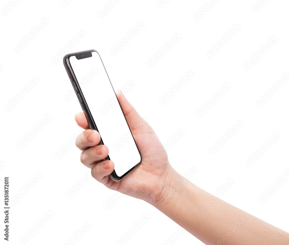 Hand holding the black smartphone with blank screen isolated on white background. Hand holding the black smartphone with blank screen isolated on white background.