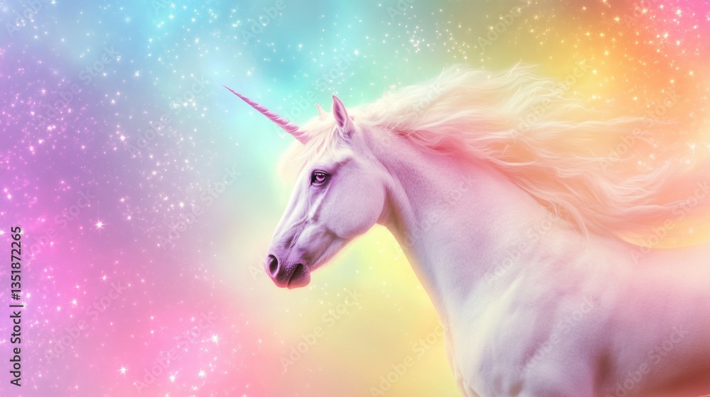 Fototapeta premium Colorful unicorn-themed background with a vibrant rainbow, glitter texture, and holographic pastel fantasy design.