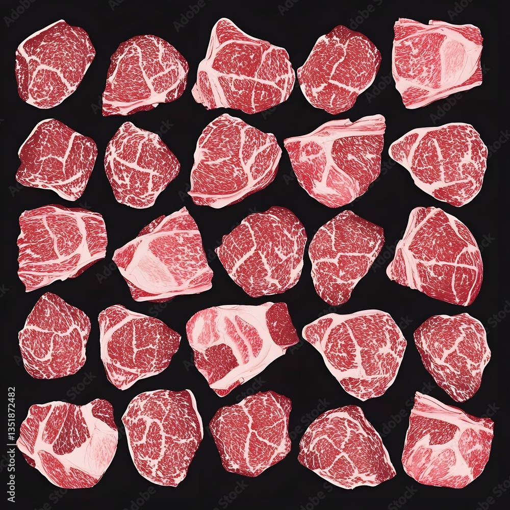Grid of raw wagyu beef slices on a black background