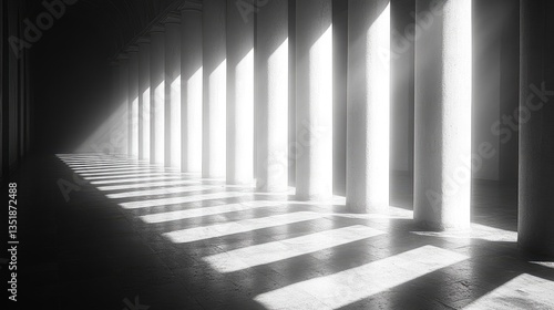 Sunlit Columns Hallway; Interior Architecture; Dramatic Lighting