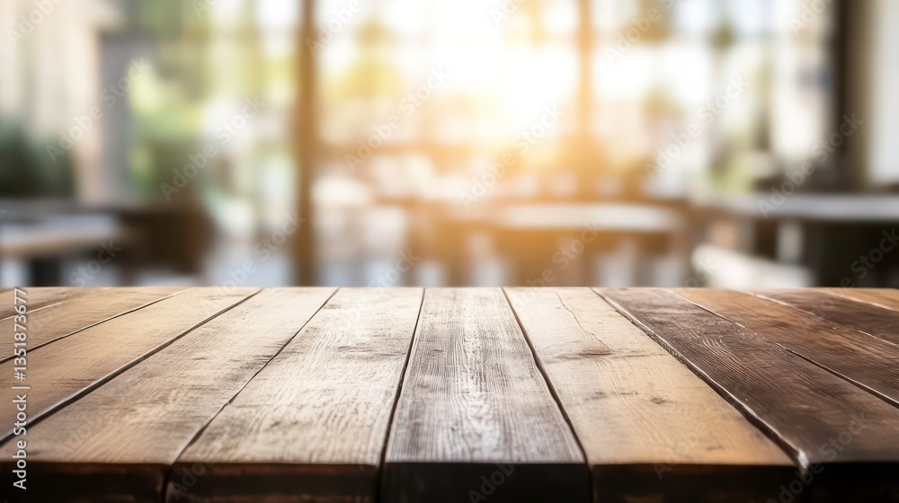Empty wooden table in front of cafe, blurred background, sunlight. Use Product display mockup Empty wooden table in front of cafe, blurred background, sunlight. Use Product display mockup