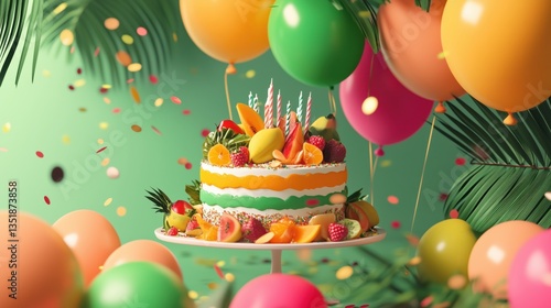 Colorful birthday cake surrounded by balloons and confetti on a festive backdrop
